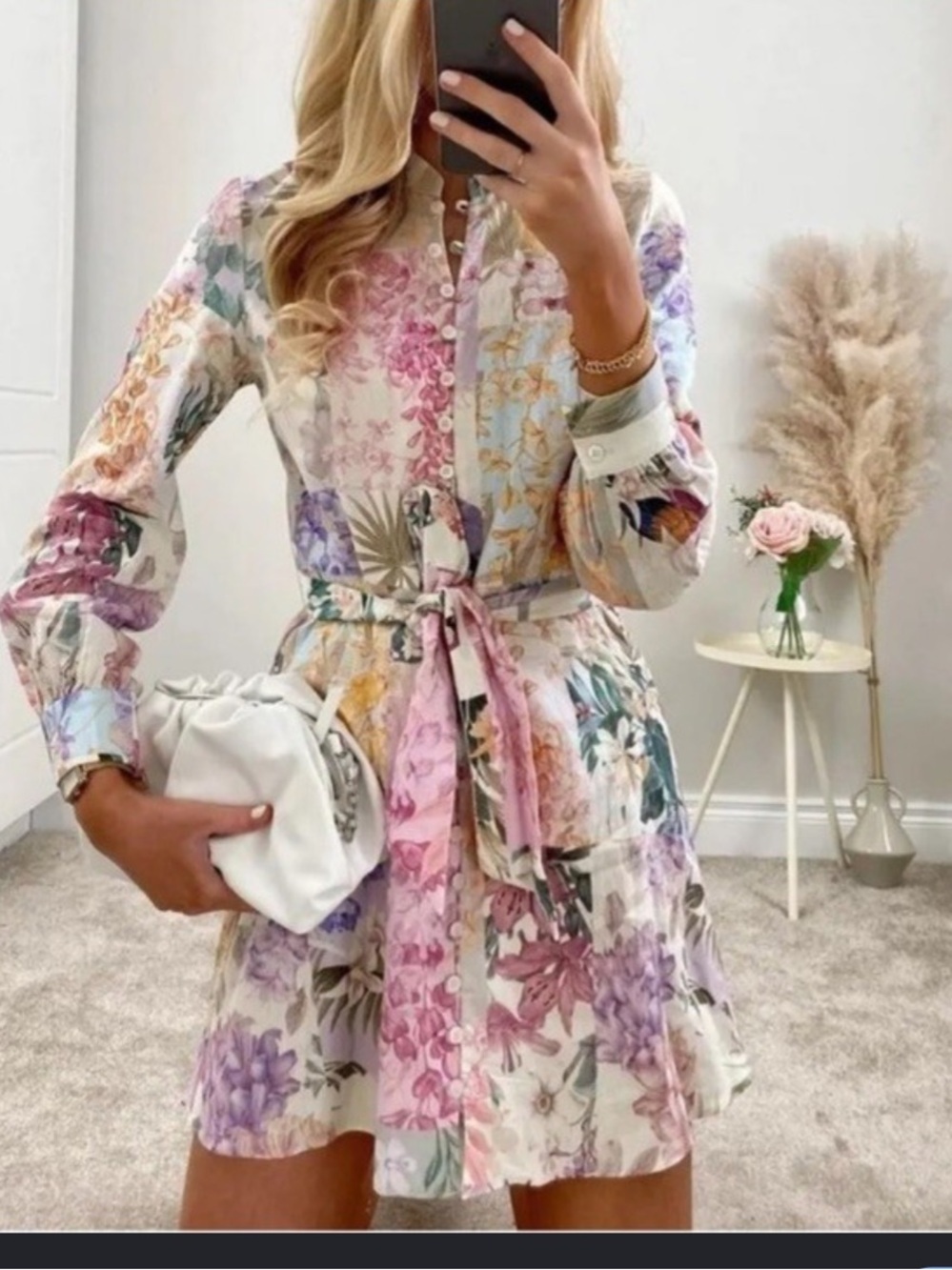 ZARA Floral Parrot Linen Mini Dress XXL  Belted Long Sleeve